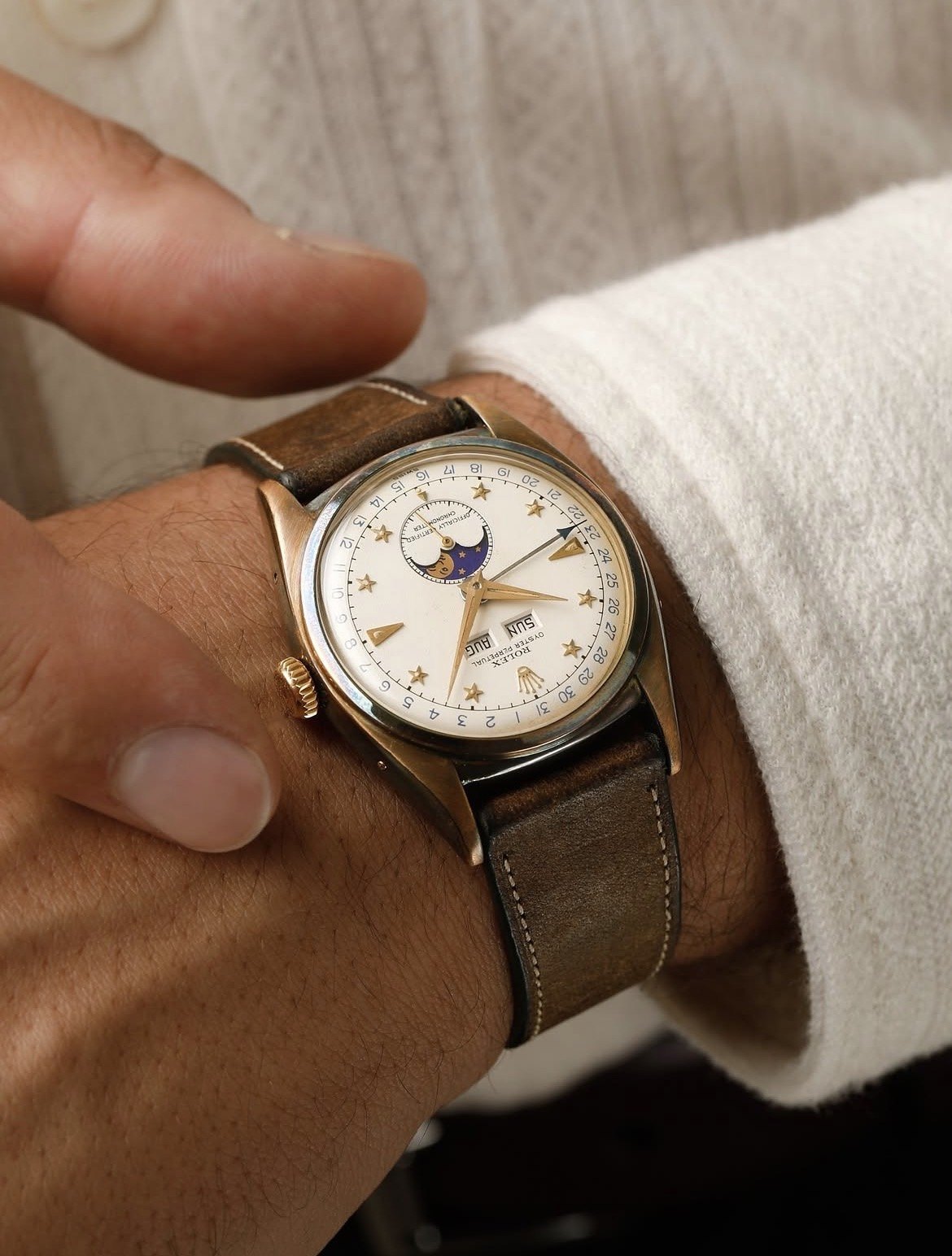 A vintage Rolex Oyster Perpetual with moonphase on the wrist